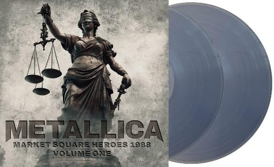 Metallica vinyl record: album cover with statue and clear disc.