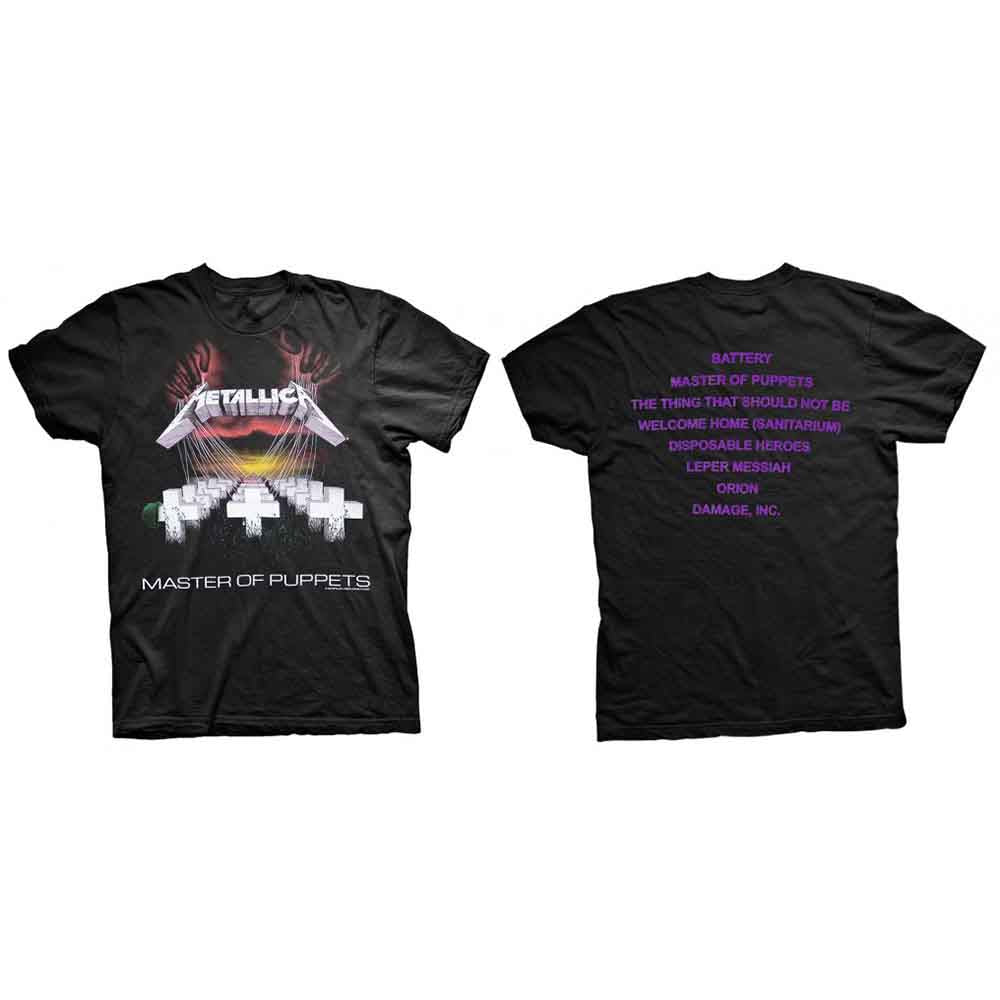 Black Metallica Master of Puppets t-shirt featuring white crosses and band logo graphic.
