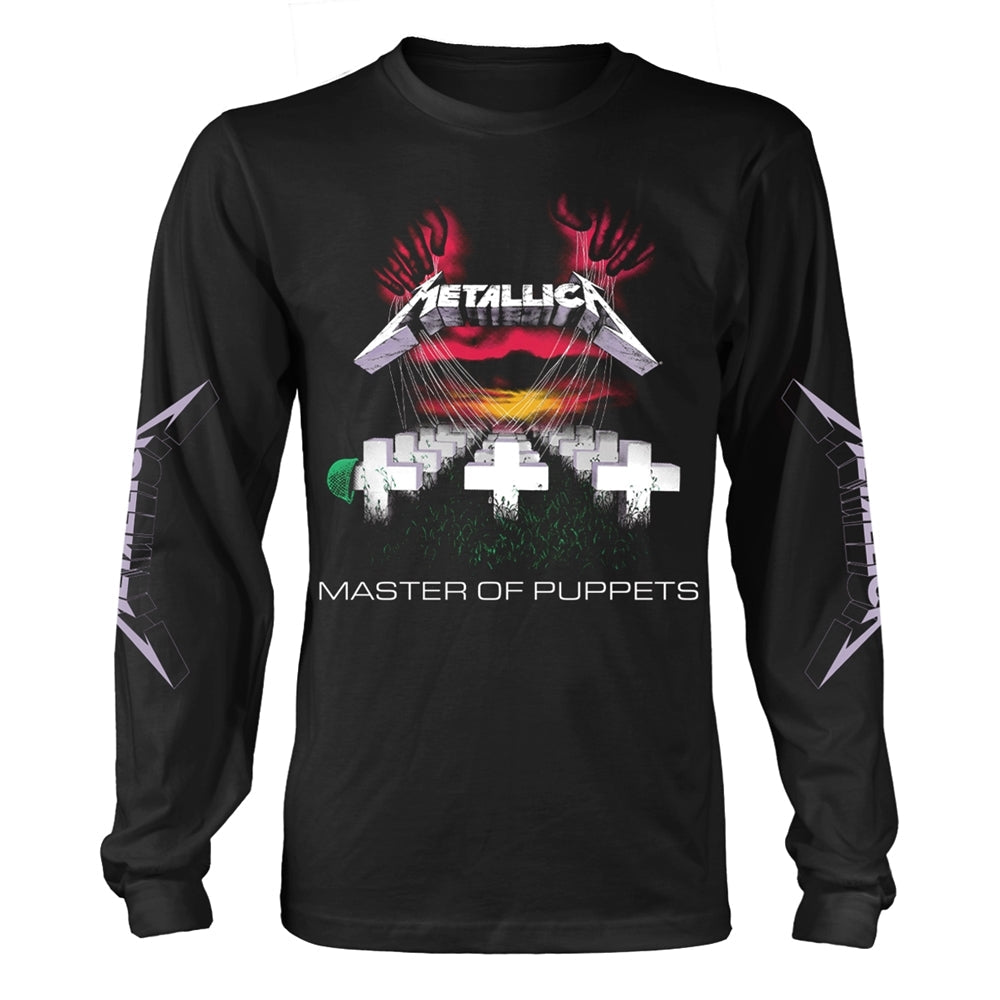 Black long-sleeve Metallica shirt with "Master of Puppets" album art.