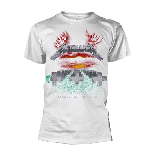 White t-shirt with Metallica’s “Master of Puppets” album cover graphic.