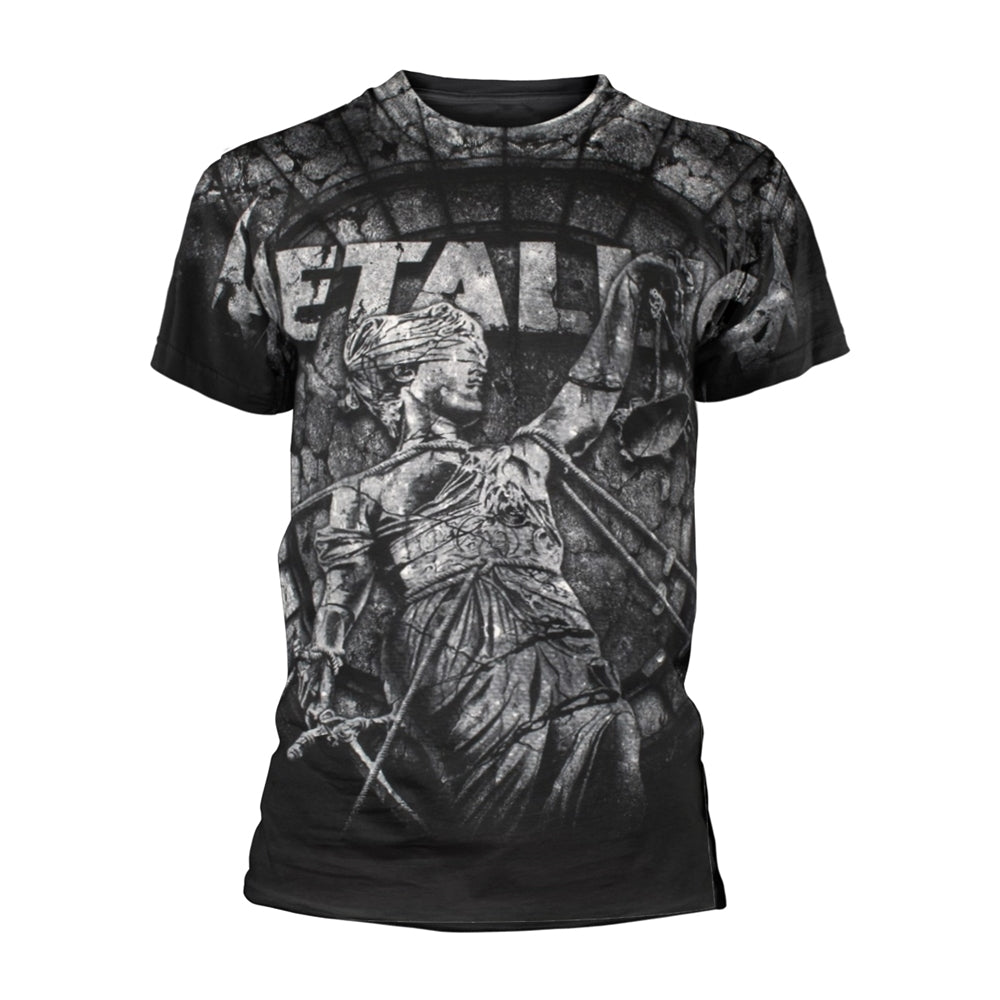 Black t-shirt with all-over grayscale print of Lady Justice and Metallica logo.
