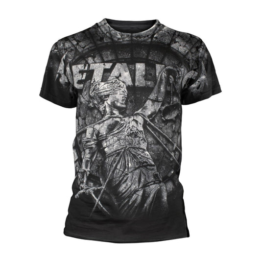 Black t-shirt with all-over grayscale print of Lady Justice and Metallica logo.