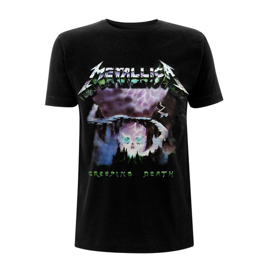 Black Metallica t-shirt featuring a Creeping Death skull graphic with purple lightning.
