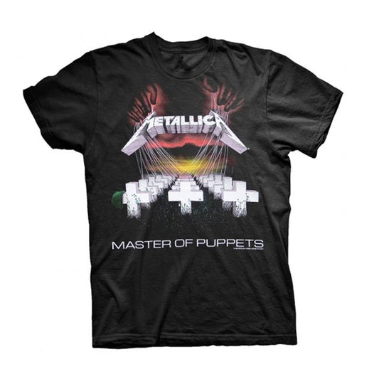 Black t-shirt with Metallica’s “Master of Puppets” album cover graphic.