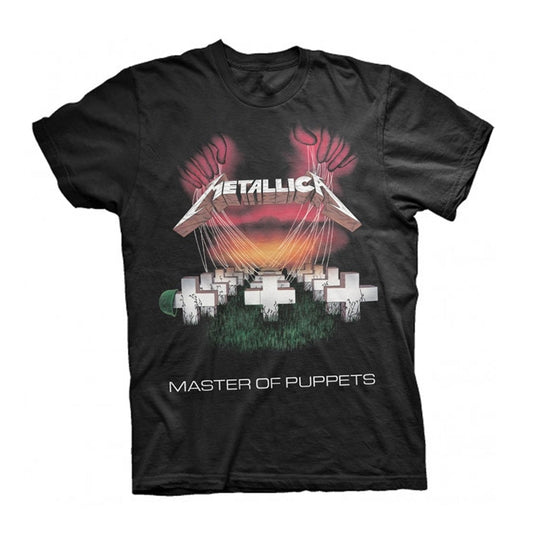 Black Metallica “Master of Puppets” tour t-shirt with puppet graphic.