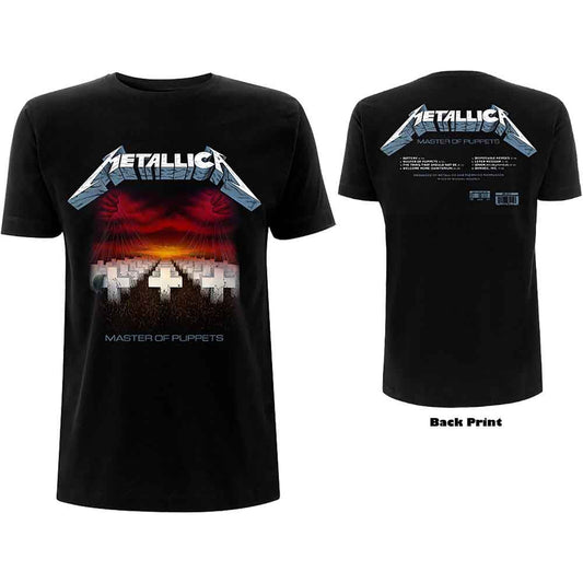 Black t-shirt with Metallica’s “Master of Puppets” album cover graphic.