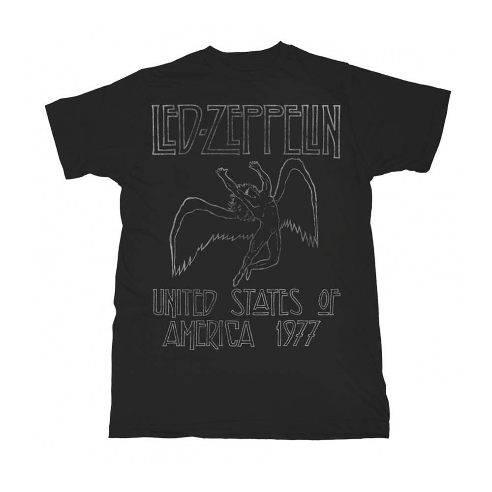 Black t-shirt with white graphic of Led Zeppelin’s 1977 US tour.