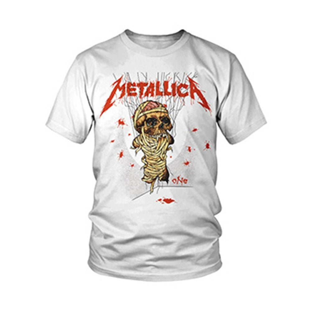 White Metallica t-shirt featuring a graphic of a bandaged skull and red blood splatters.