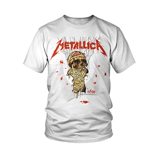White Metallica t-shirt featuring a graphic of a bandaged skull and red blood splatters.