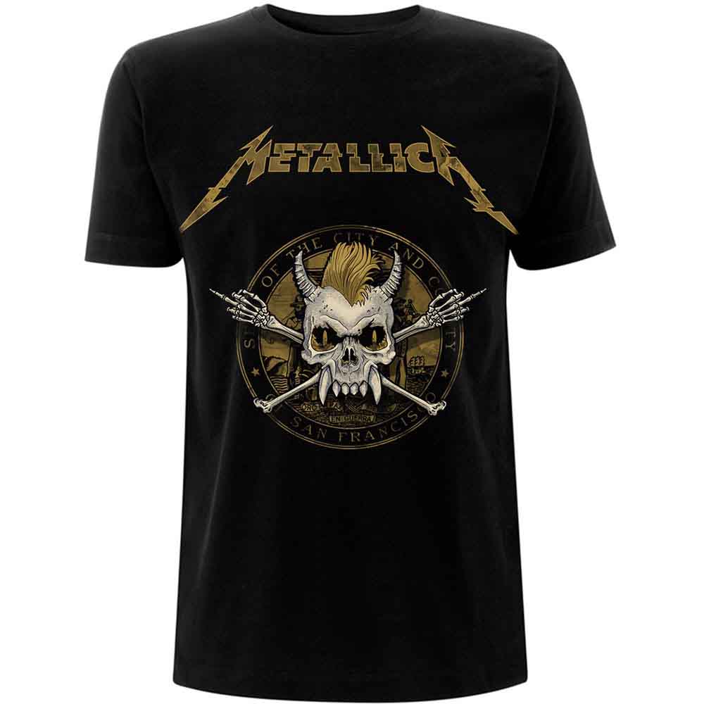 Black Metallica t-shirt with a gold skull and band logo design.