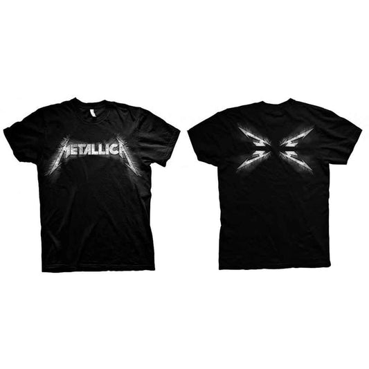 Black t-shirt with a white, spiked Metallica logo printed on the chest.