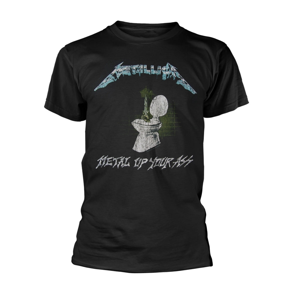 Black Metallica t-shirt with graphic of a toilet and band logo.