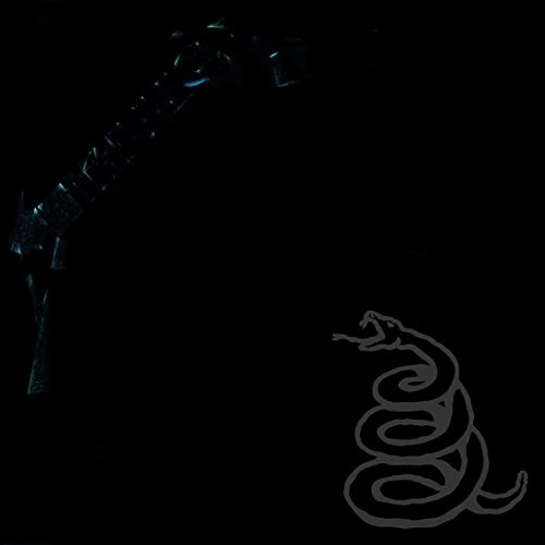 Black album cover with a faint grey coiled snake and a subtle Metallica logo.