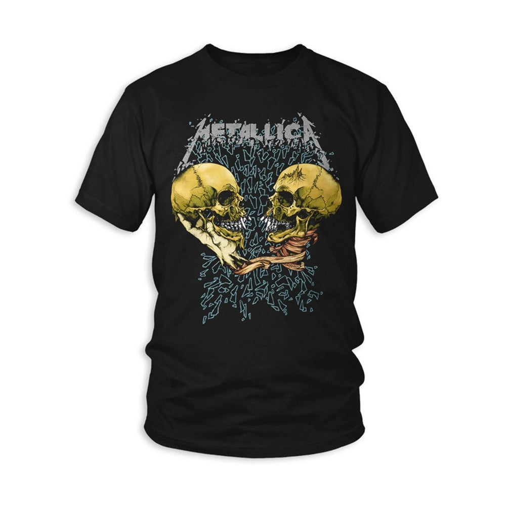 Black Metallica t-shirt featuring two skulls and shattered glass graphics on the chest.