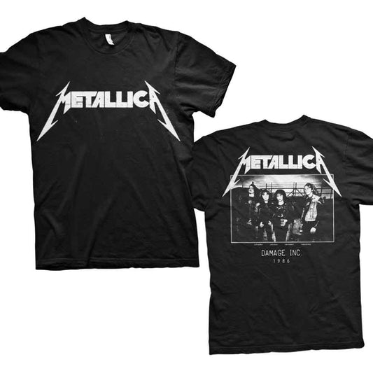 Black short-sleeved t-shirt with a white Metallica logo printed on the chest.