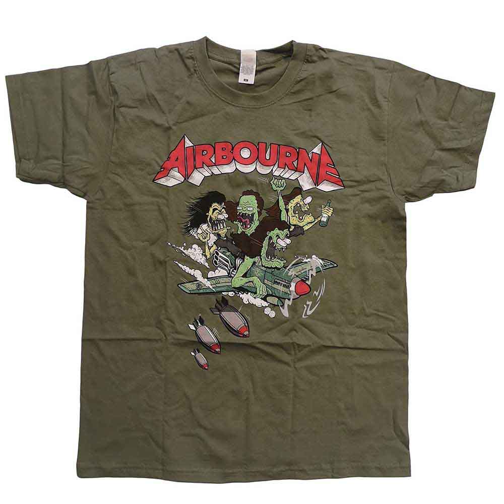 Olive green t-shirt with Airborne band logo and cartoon illustration.