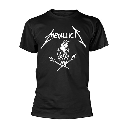 Black Metallica t-shirt with white skull and crossbones graphic.