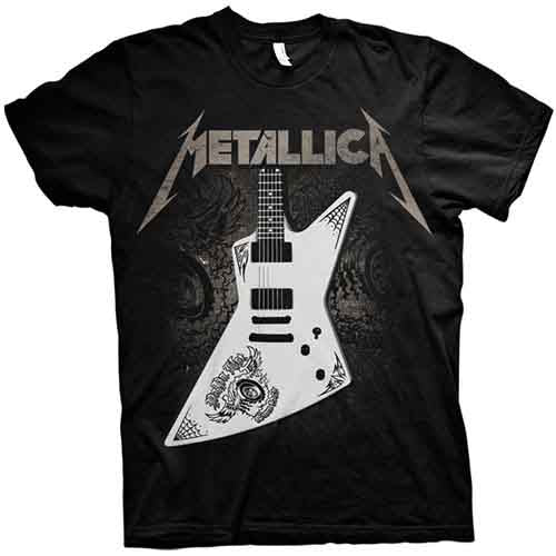 A man wearing a black Metallica t-shirt featuring a white electric guitar graphic.