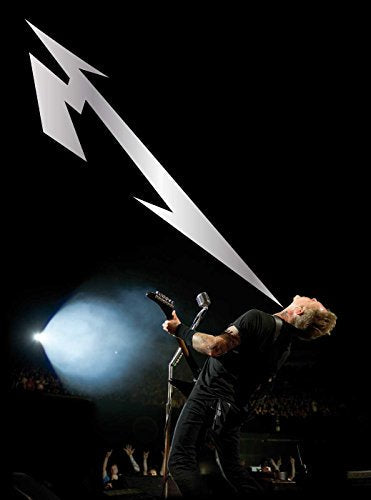 James Hetfield performing on stage with the Metallica logo above him against black background.