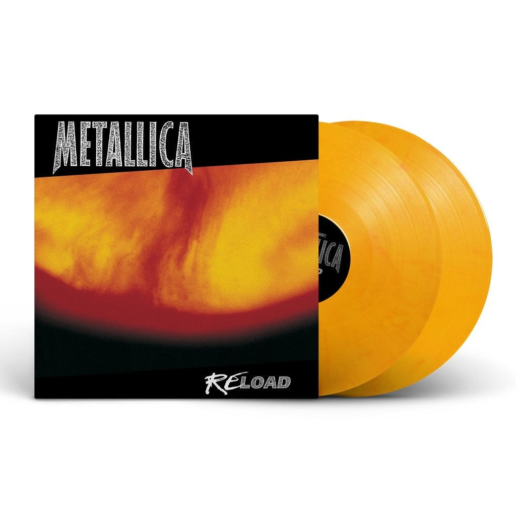 Metallica ReLoad album cover next to two orange vinyl records.