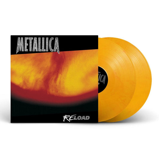 Metallica ReLoad album cover next to two orange vinyl records.