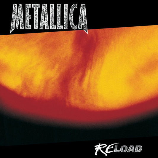 Metallica’s “Reload” album cover with fiery orange and black tones.