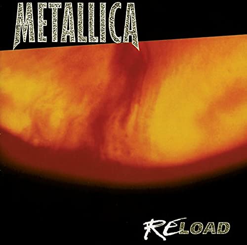 Metallica’s “Reload” vinyl album cover with orange and black abstract design.