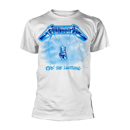 White Metallica Ride The Lightning t-shirt featuring a blue electric chair and lightning graphic.