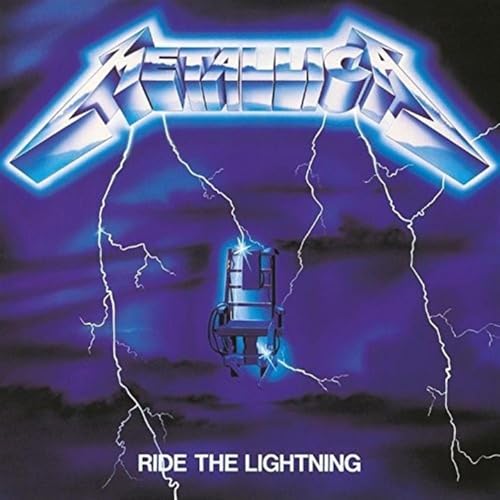 Metallica’s “Ride The Lightning” album cover: lightning, electric chair, purple sky.