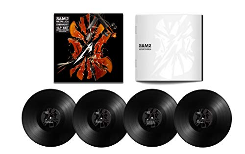 "Four black vinyl records with album art: 'S&M2' featuring a violin on a black background."