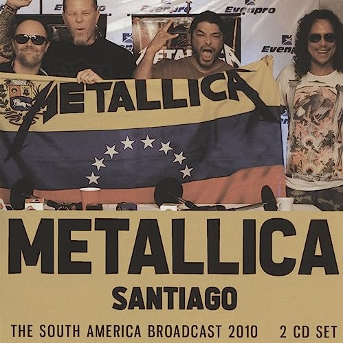 Metallica band members with a Chilean flag, album title “Santiago” visible.