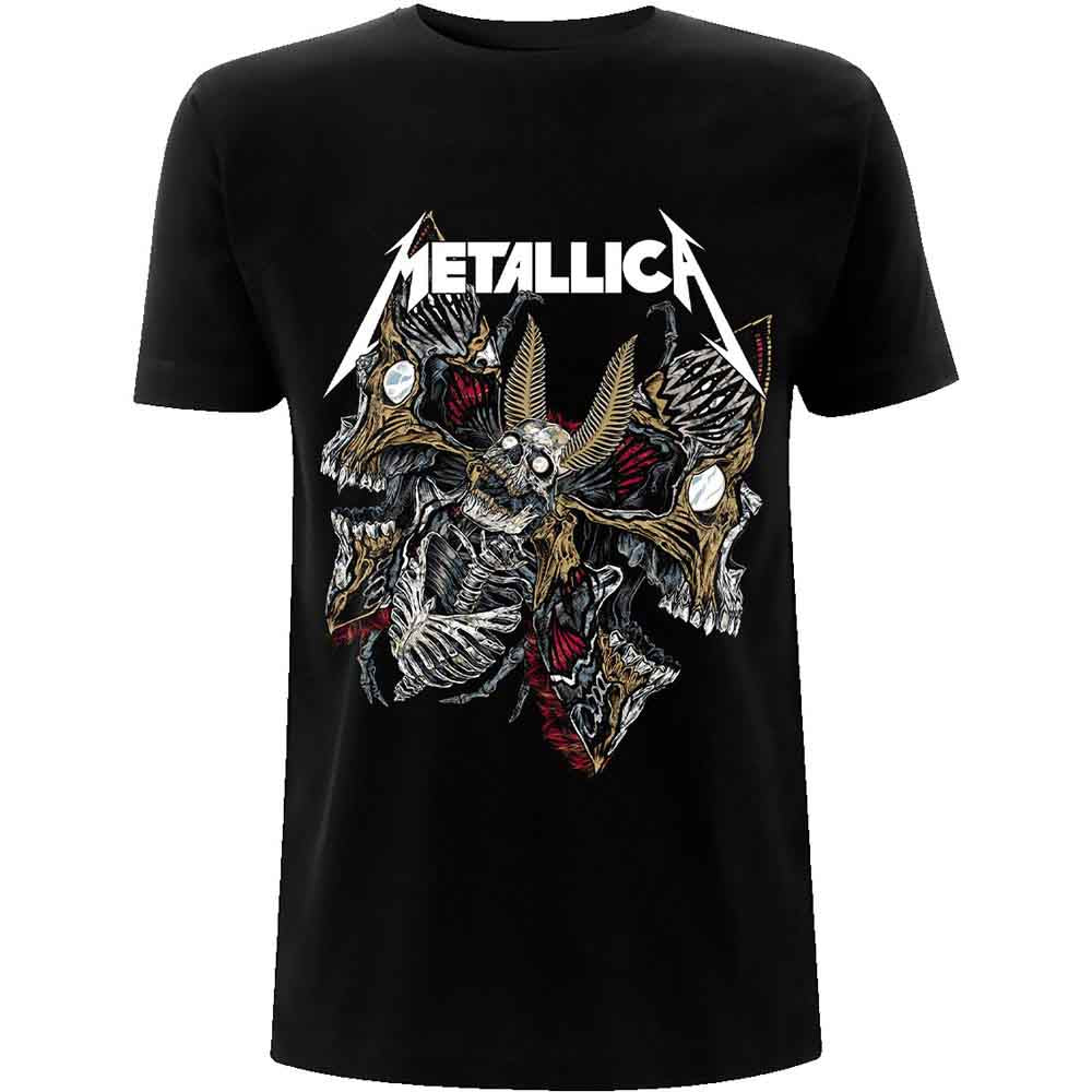 Black Metallica t-shirt with skull and moth graphic design.