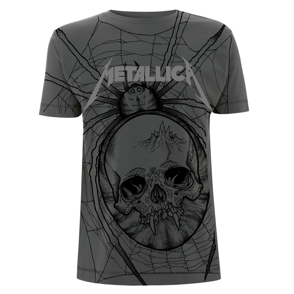 Charcoal t-shirt with Metallica logo, spiderweb, and skull graphic.