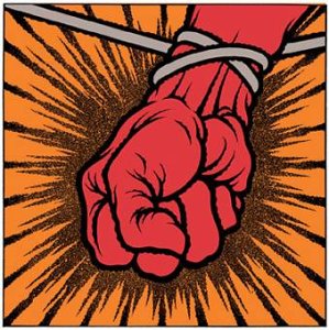 A red fist bound by gray ropes against an orange sunburst background.