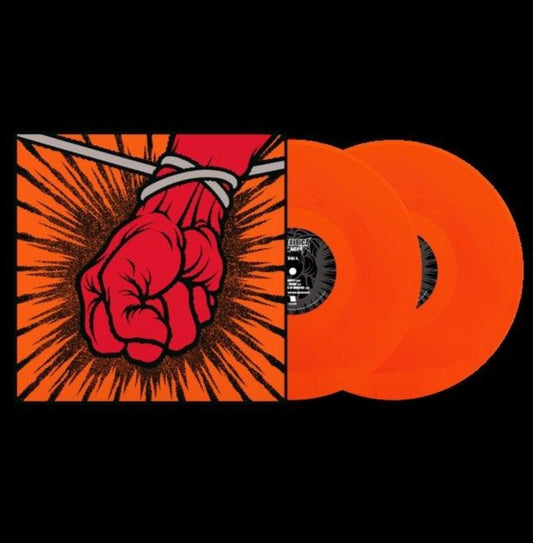 Metallica St. Anger album cover with two orange vinyl records on a black background.