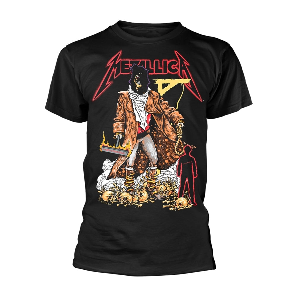 Black Metallica t-shirt with graphic of a figure and skulls.