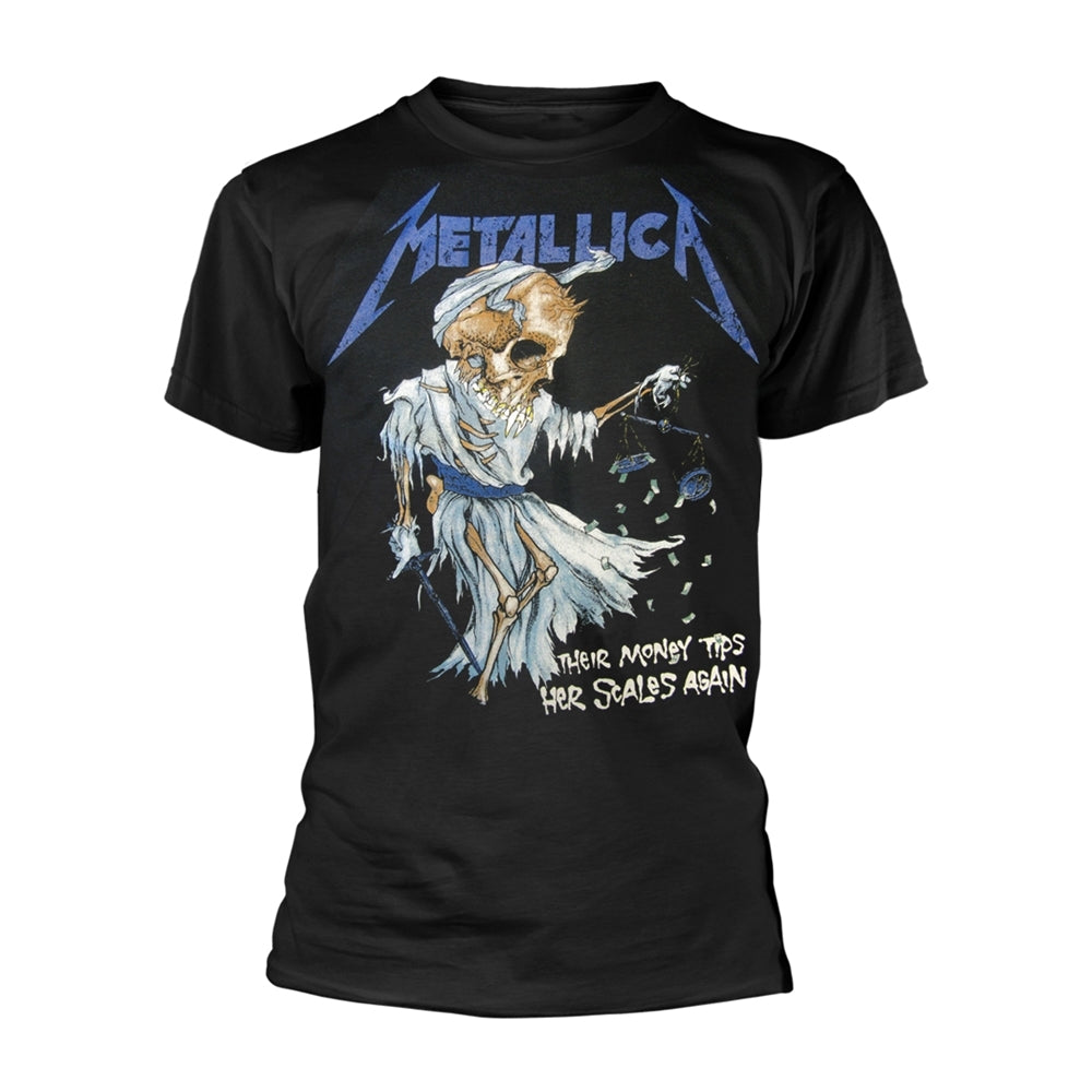 Black Metallica t-shirt with a skull and scales graphic.