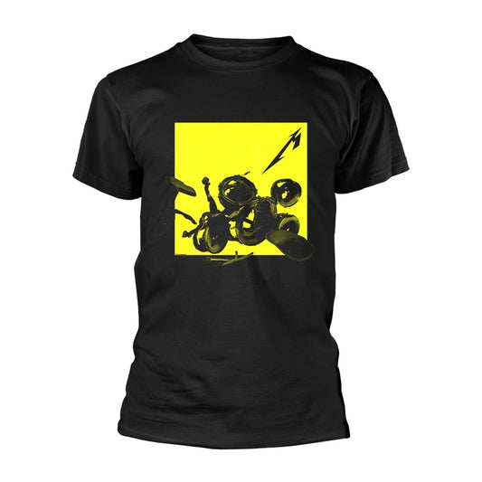 Black t-shirt with yellow graphic of broken drum kit and Metallica logo.