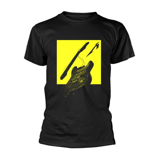 Black t-shirt with yellow graphic of a broken guitar on the back.