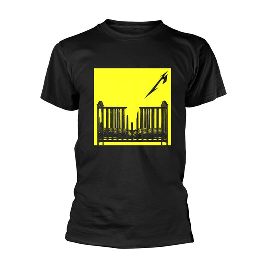 Black t-shirt with yellow back print of a building and Metallica logo.