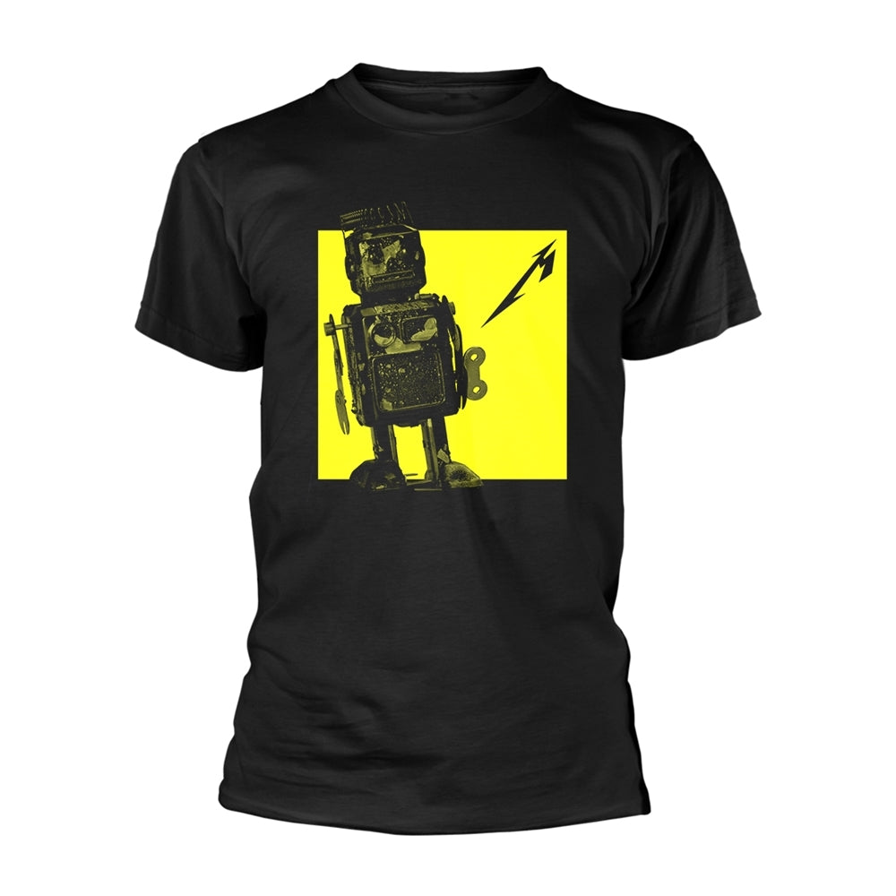 Black t-shirt with yellow square graphic of a distressed robot.