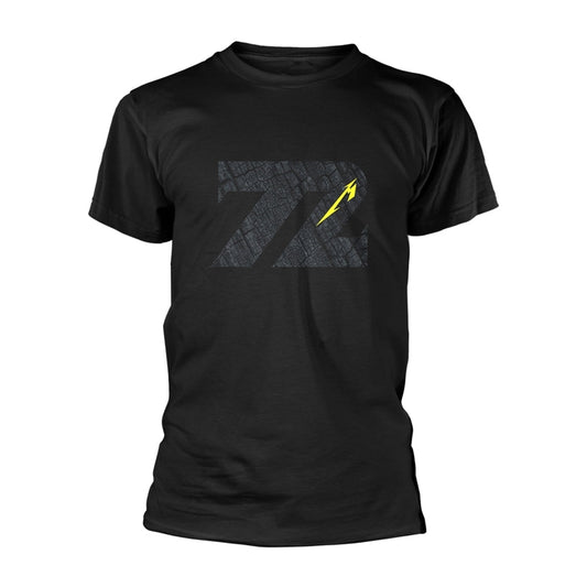 Black t-shirt with textured "72" and a yellow Metallica lightning bolt.