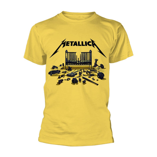 Yellow Metallica t-shirt featuring a crib and scattered objects on the front.