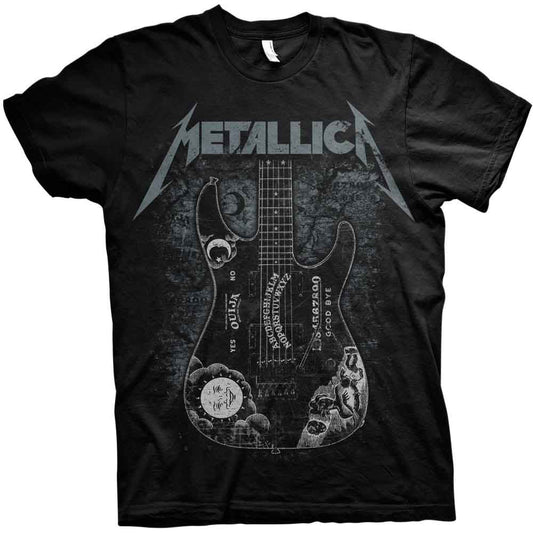 Black Metallica t-shirt with guitar and ouija board graphic.