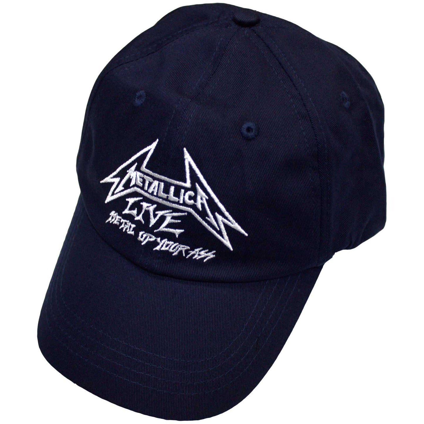 Black baseball cap featuring a white Metallica logo and Live text on the front.