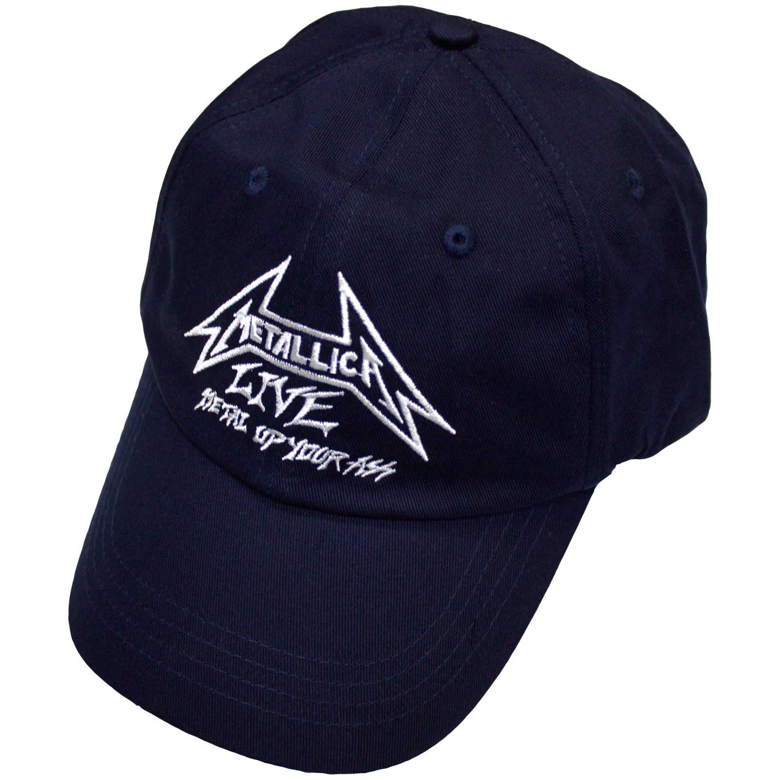 Black baseball cap featuring a white Metallica logo and Live text on the front.