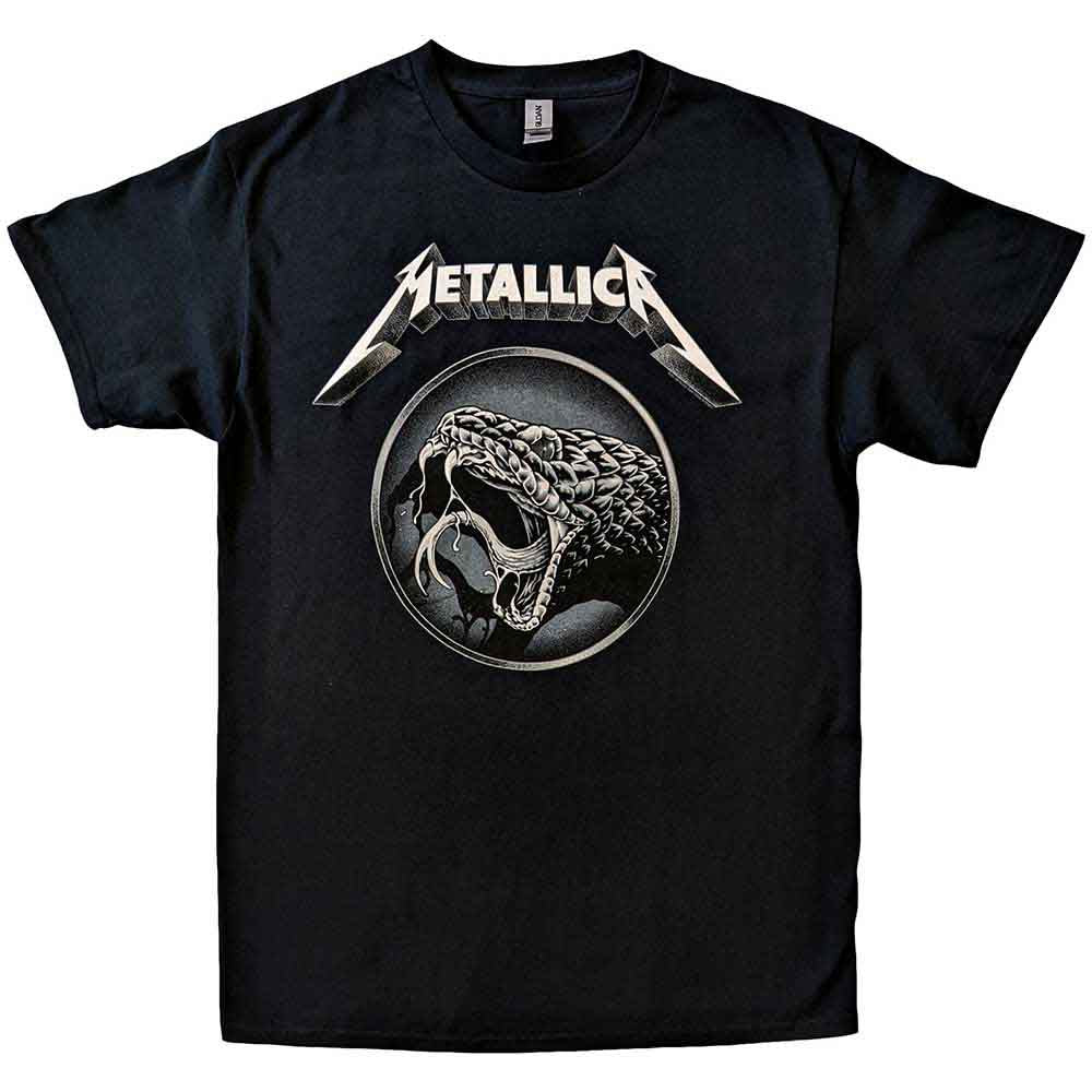 Black unisex t-shirt featuring the Metallica Black Album cover art on the front.