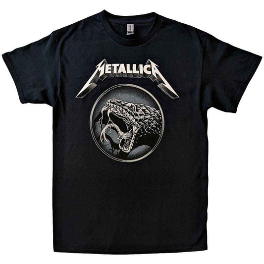 Black unisex t-shirt featuring the Metallica Black Album cover art on the front.