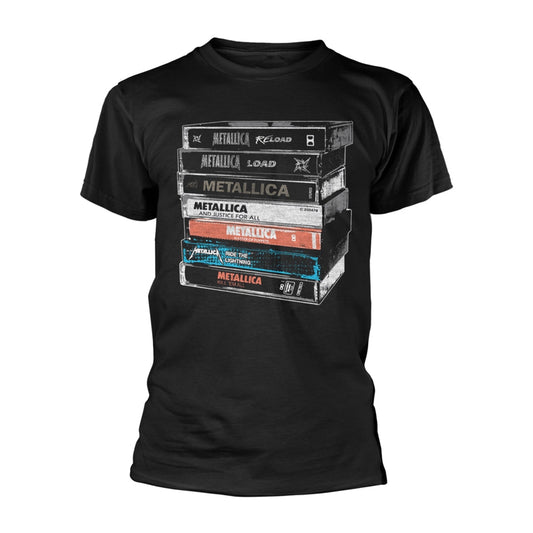 Black t-shirt with a stacked graphic of Metallica cassette tapes.