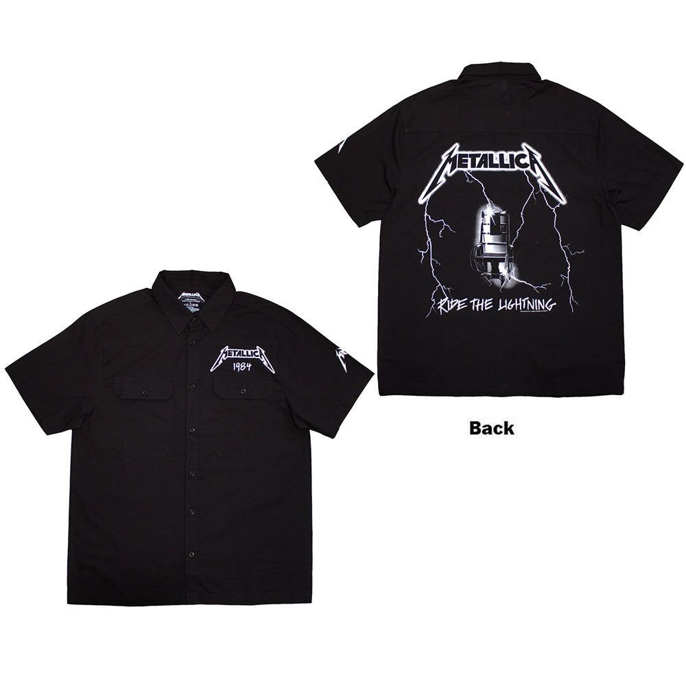 Black short-sleeve button-down shirt featuring Metallica Ride the Lightning graphics on front and back.